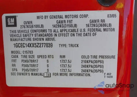 2005 Chevrolet Silverado 1500 Work Truck z USA, uszkodzony, nr VIN 1GCEC14XX5Z277039